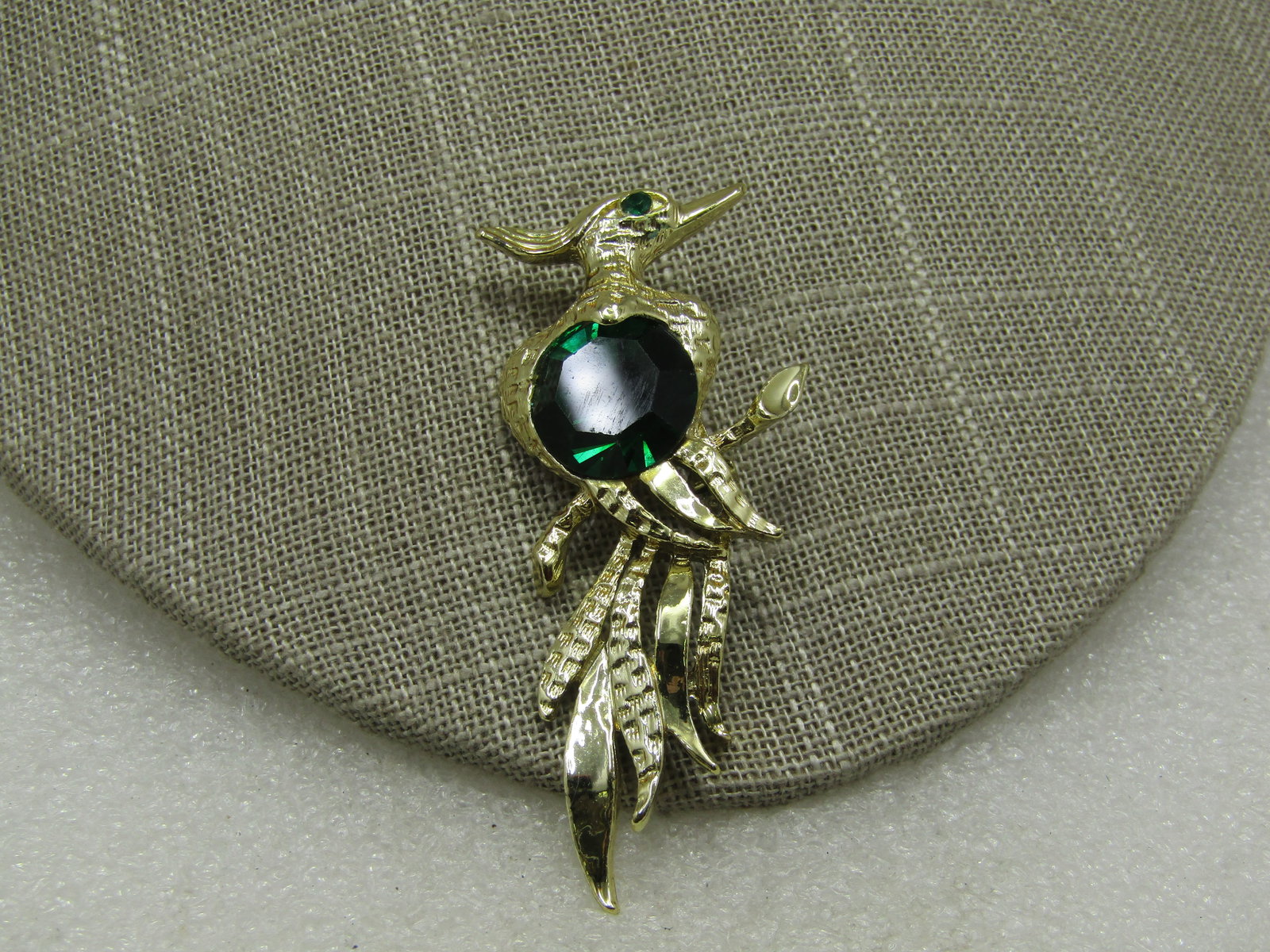 Vintage Parrot Brooch, Large Green Glass Stone, 2.5" - 2