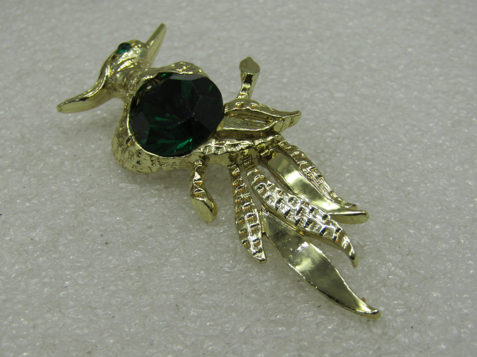 Vintage Parrot Brooch, Large Green Glass Stone, 2.5" - 3