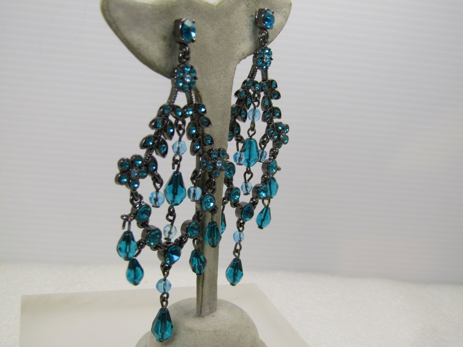 Vintage Teal Rhinestone Chandelier Earrings, Pierced, 3.75", 1980's-1990's - 2