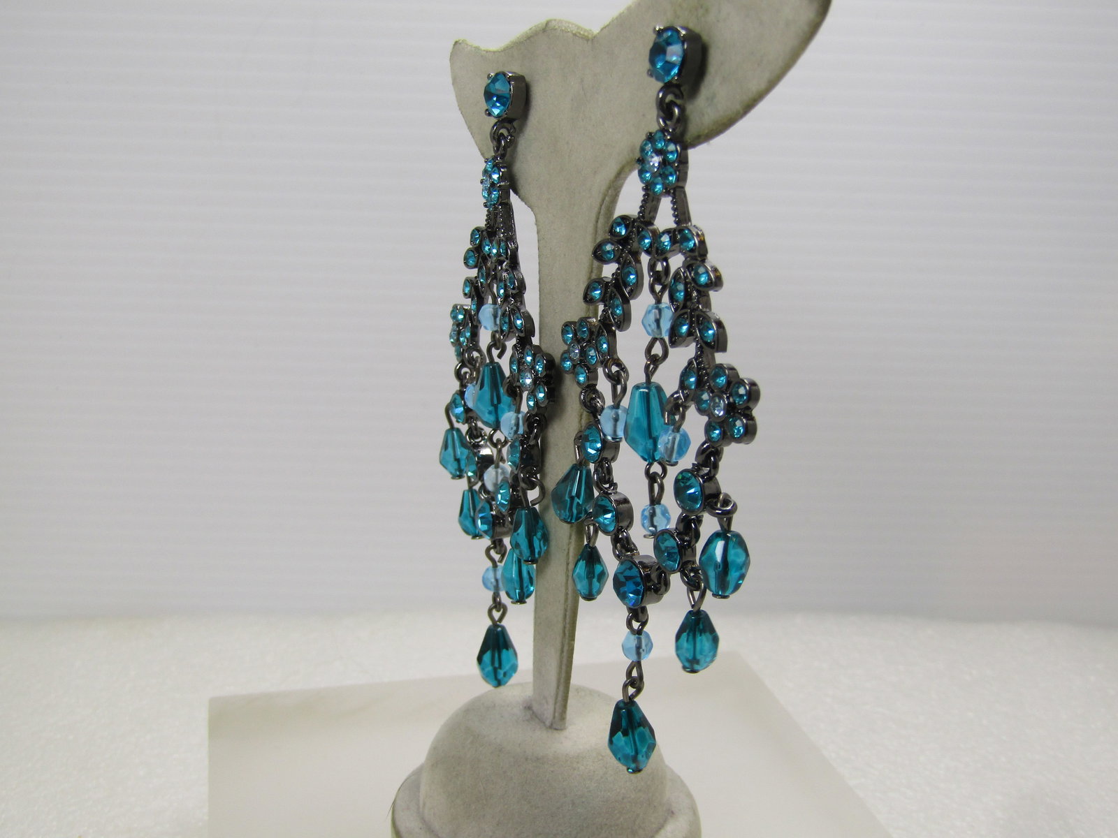 Vintage Teal Rhinestone Chandelier Earrings, Pierced, 3.75", 1980's-1990's - 3