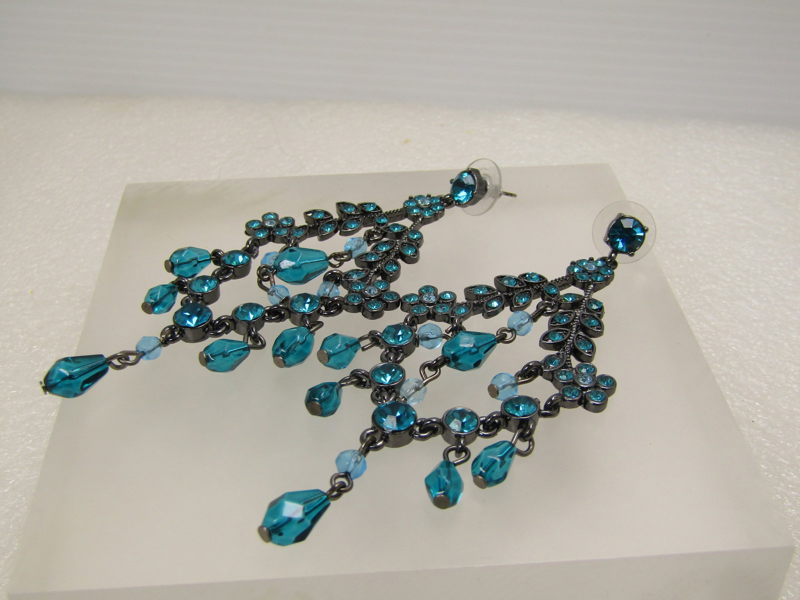 Vintage Teal Rhinestone Chandelier Earrings, Pierced, 3.75", 1980's-1990's - 5