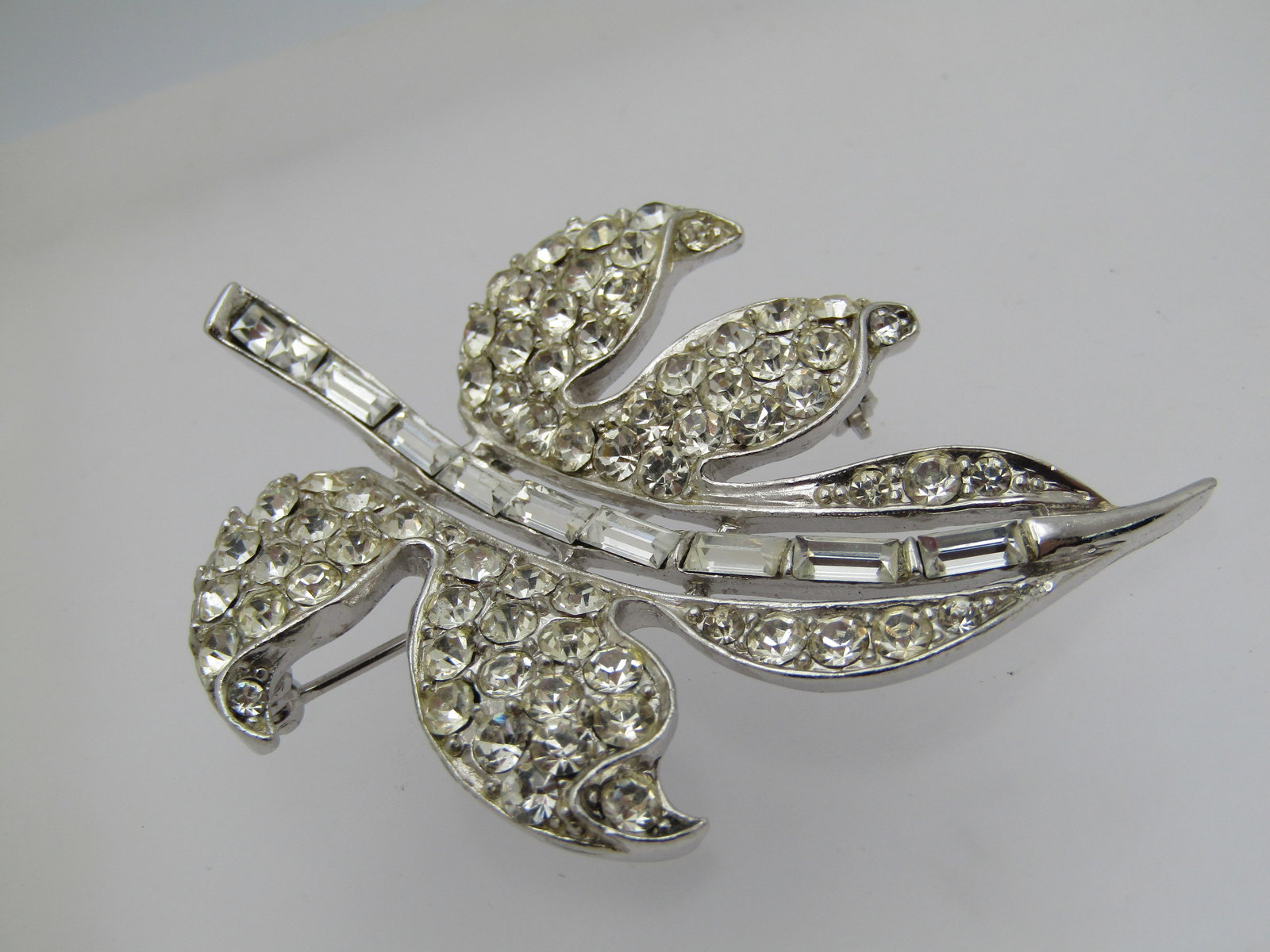 Vintage Rhinestone Leaf Brooch, 1960's 2.25" by 1.5" - 2