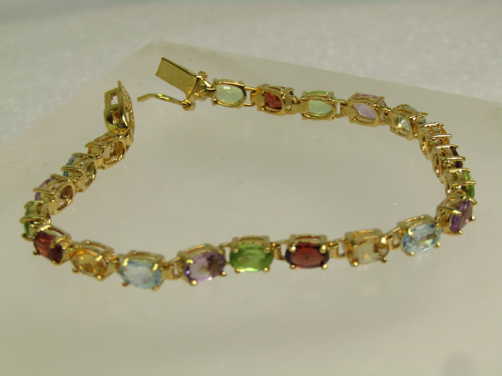 Sterling Gemstone Tennis Bracelet, 7", Gold Over, Signed R, 1990's - 2