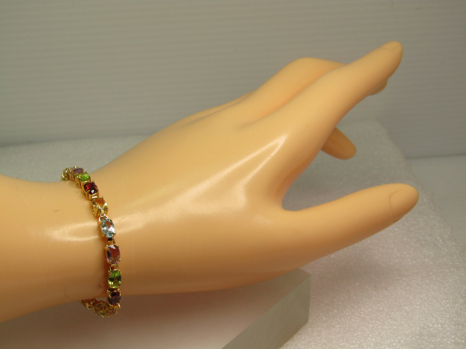 Sterling Gemstone Tennis Bracelet, 7", Gold Over, Signed R, 1990's - 4