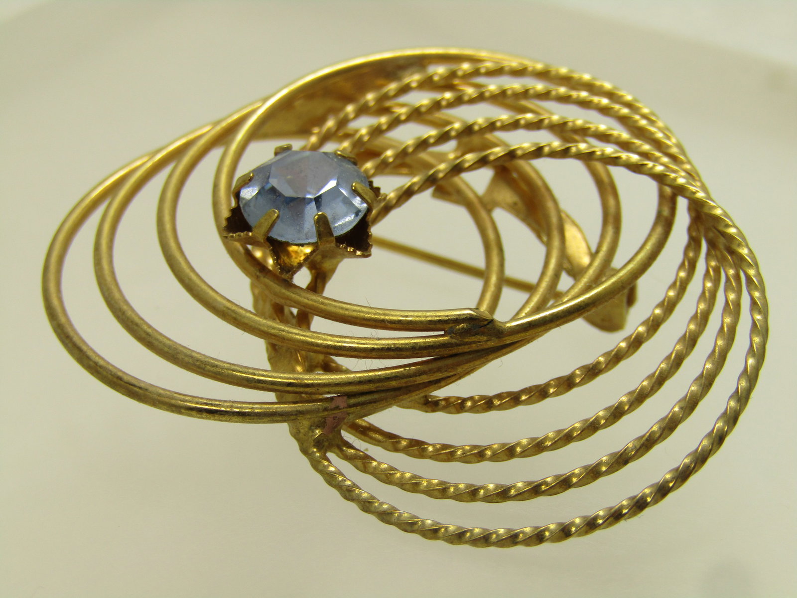 Vintage Double Spiral Brooch, Blue Rhinestone, 1960's - 4