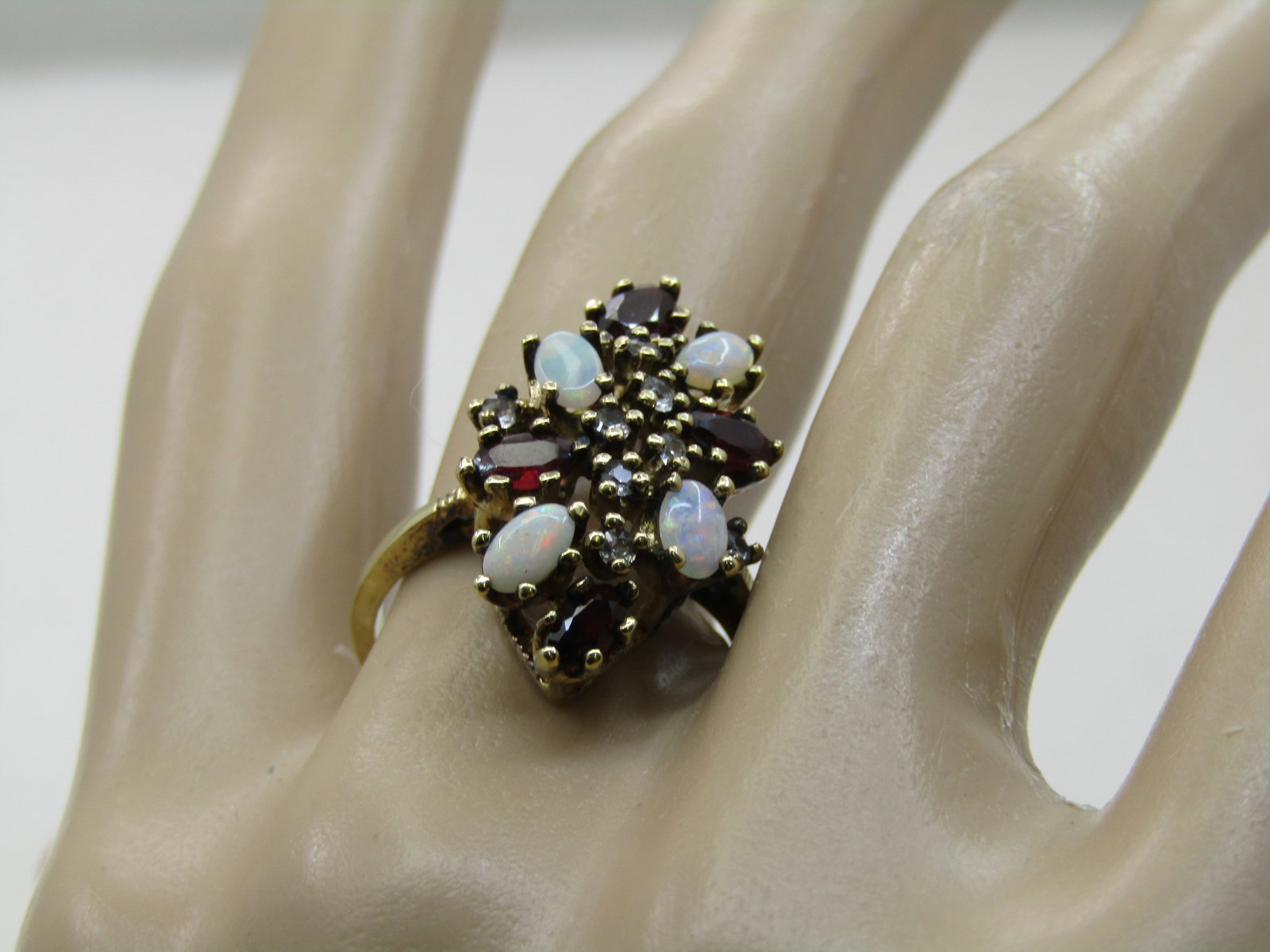 Vintage Sterling Lab Opal, Garnet, Topaz Ring, Sz. 8 - 6