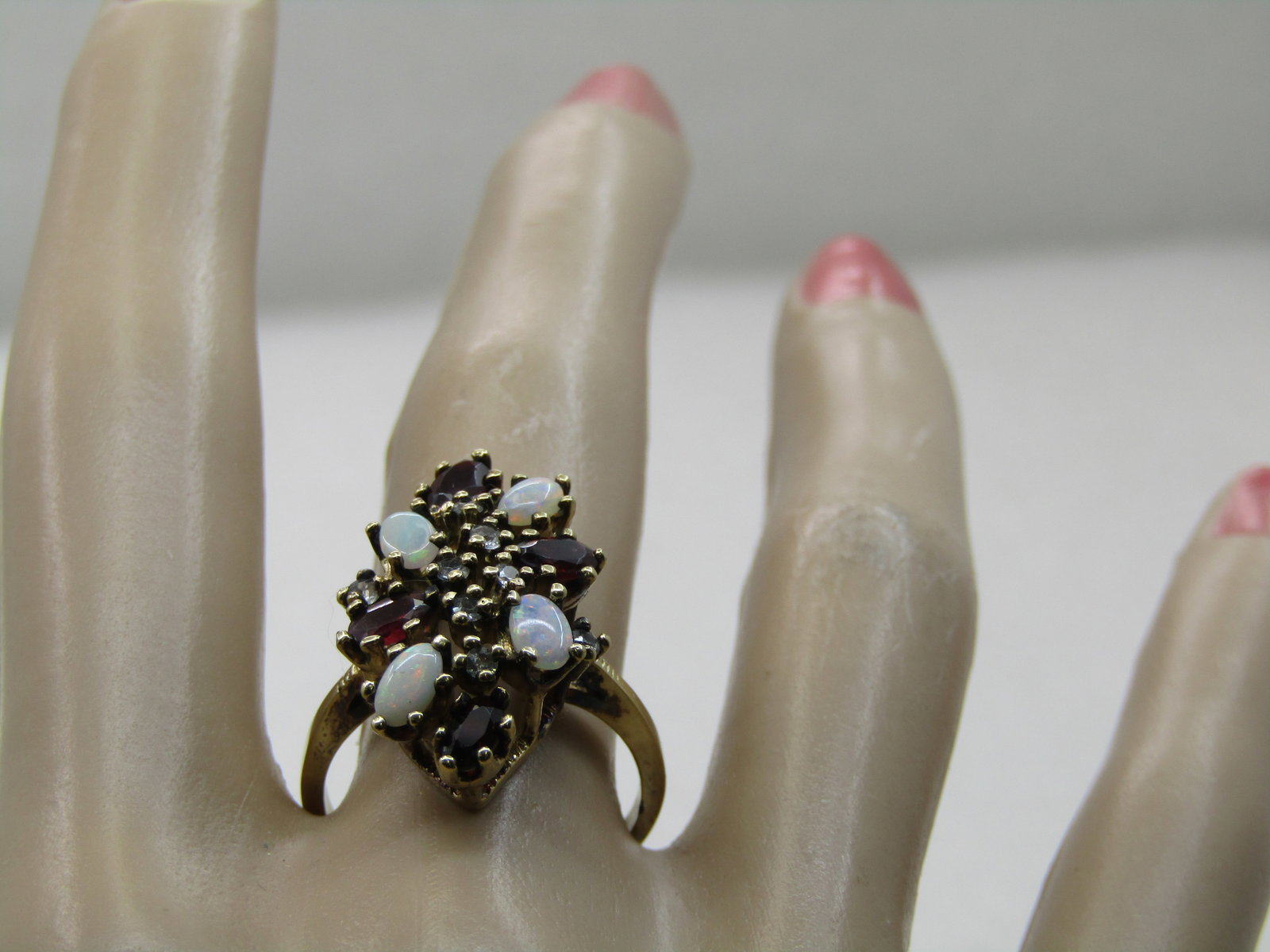 Vintage Sterling Lab Opal, Garnet, Topaz Ring, Sz. 8 - 7