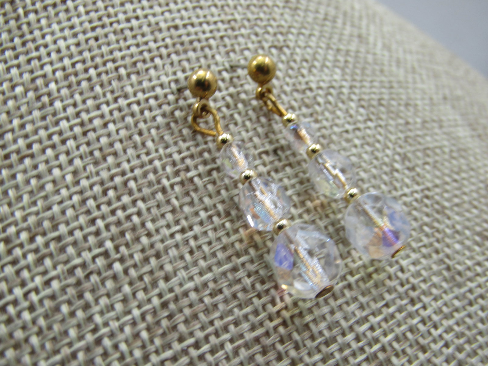Aurora Borealis Crystal Beaded Earrings, Drop, Pierced, 1.25" - 2