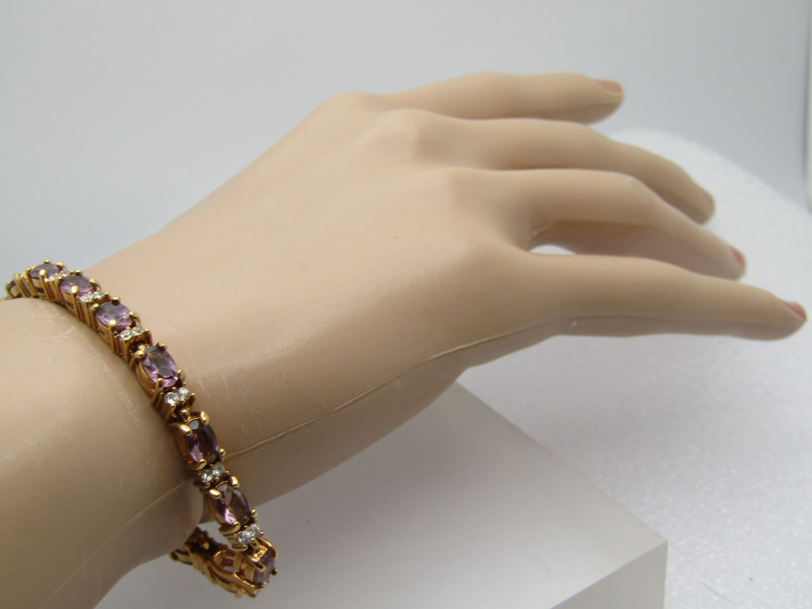 Simulated Amethyst Diamond Tennis Bracelet, 7", Signed Avon - 5