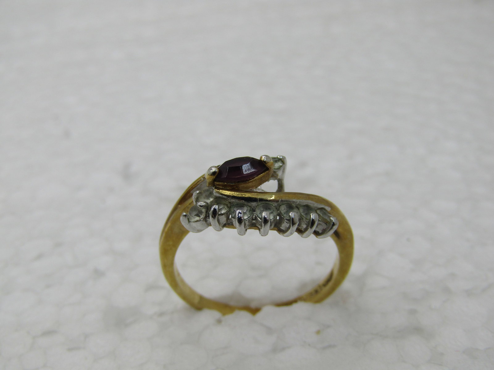 Vintage Maja 14kt GP Bypass Simulated Amethyst & Clear Stone Ring, Sz. 6.5 - 8