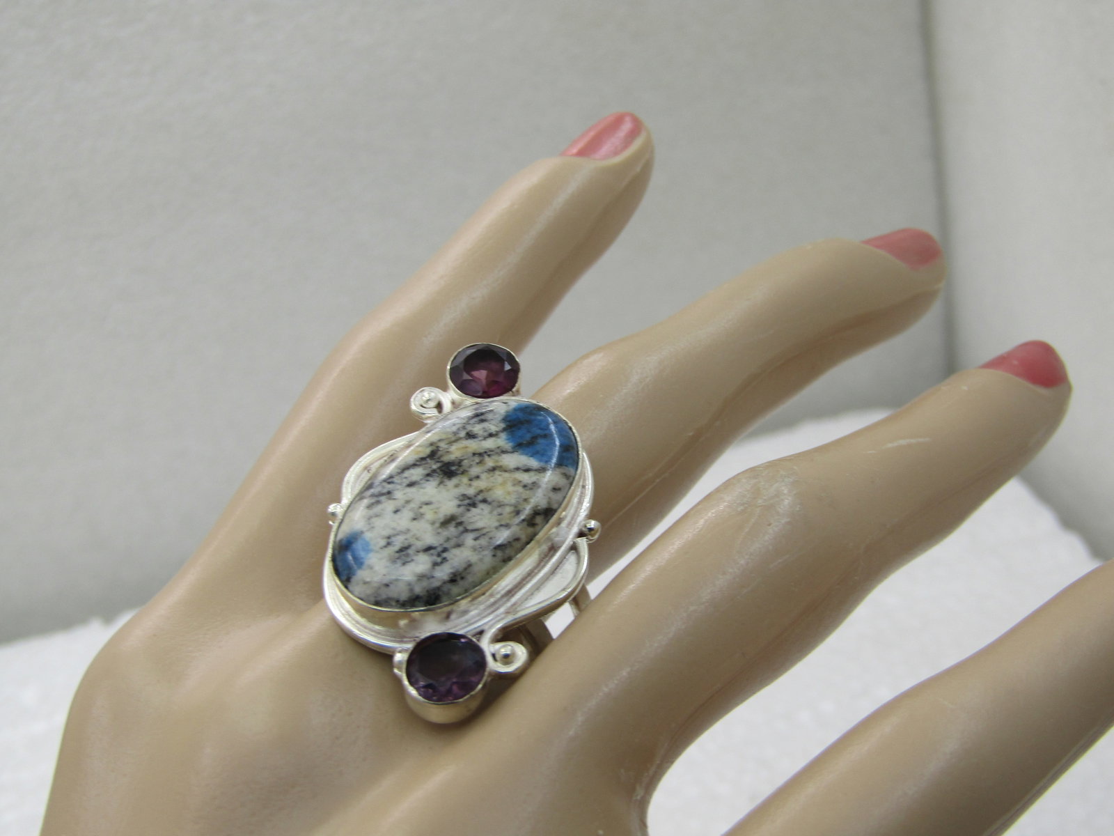Sterling Silver Southwestern Contemporary Ring, Amethyst & Dyed Howlite, Sz. 9.5 - 8