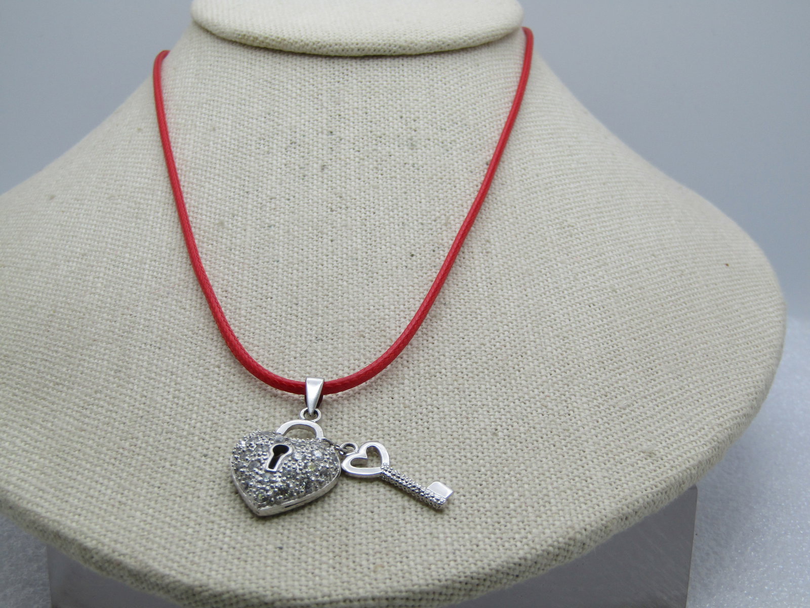 Rhinestone Heart Lock & Key Necklace, 16"-18", Marked .925 - 2