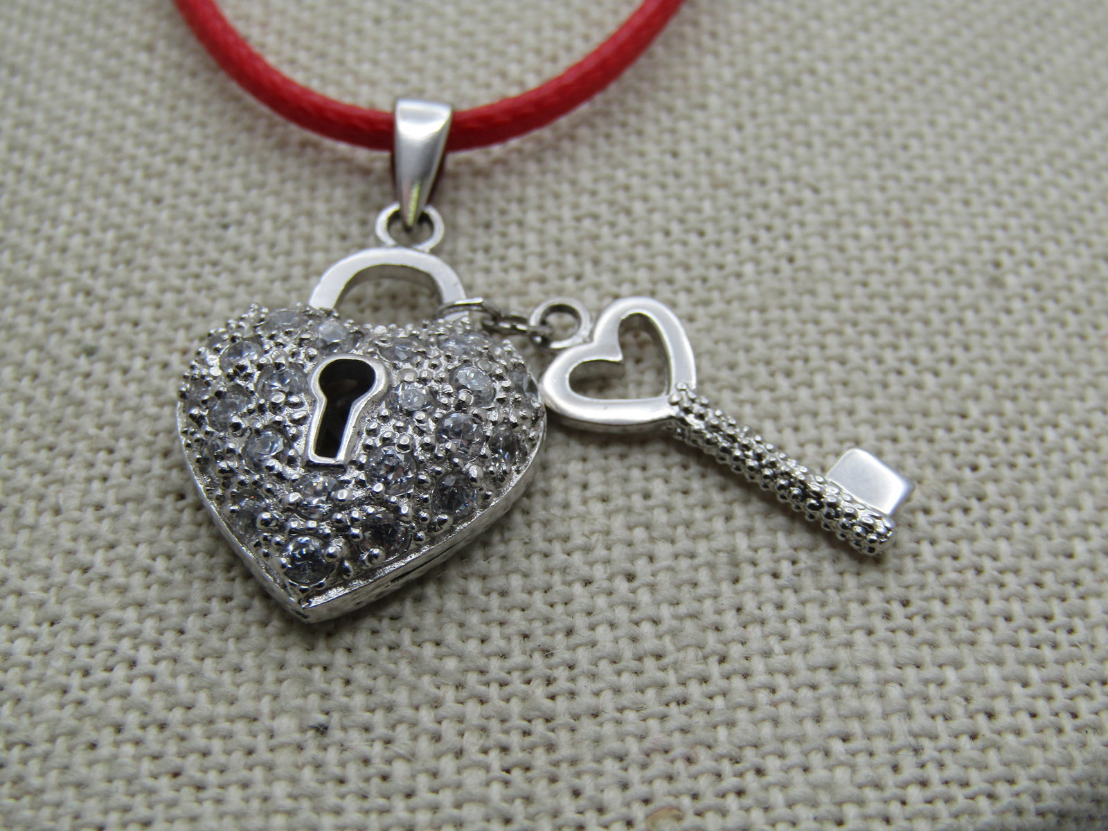 Rhinestone Heart Lock & Key Necklace, 16"-18", Marked .925 - 3