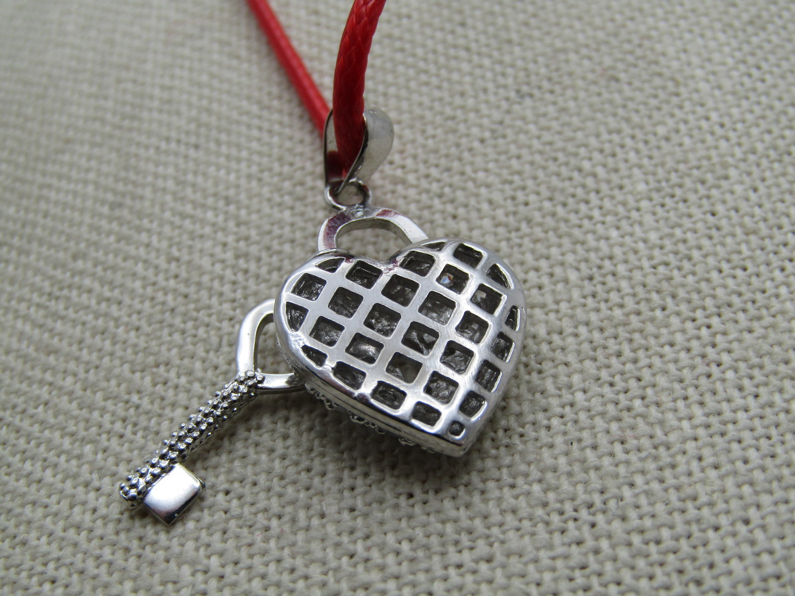 Rhinestone Heart Lock & Key Necklace, 16"-18", Marked .925 - 4