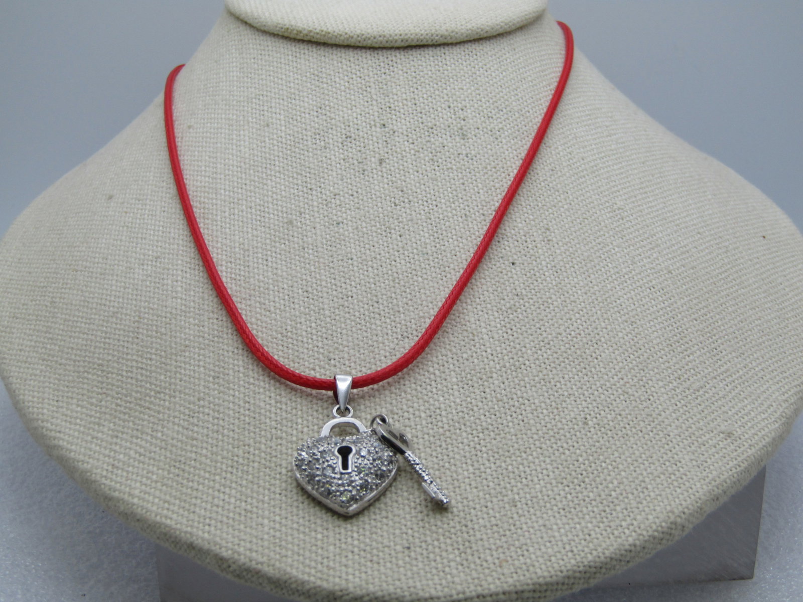 Rhinestone Heart Lock & Key Necklace, 16"-18", Marked .925 - 5