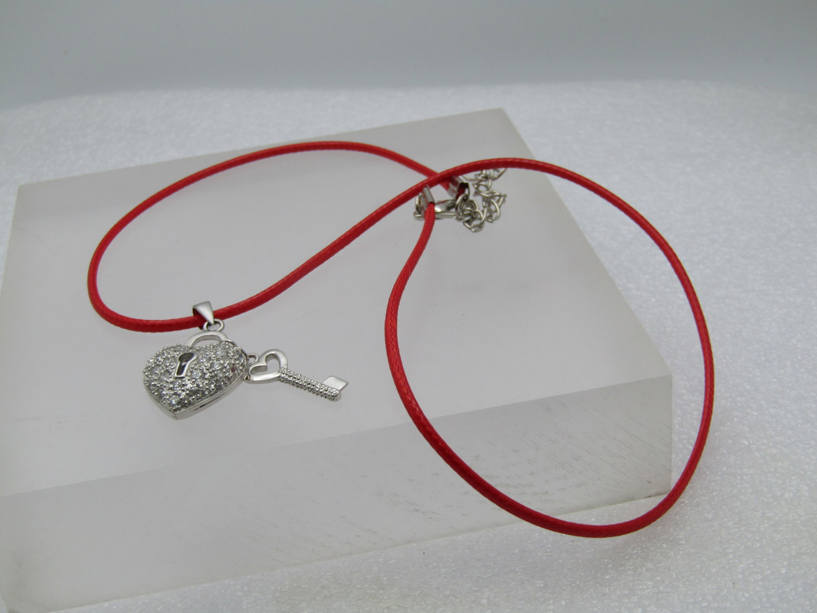 Rhinestone Heart Lock & Key Necklace, 16"-18", Marked .925 - 6