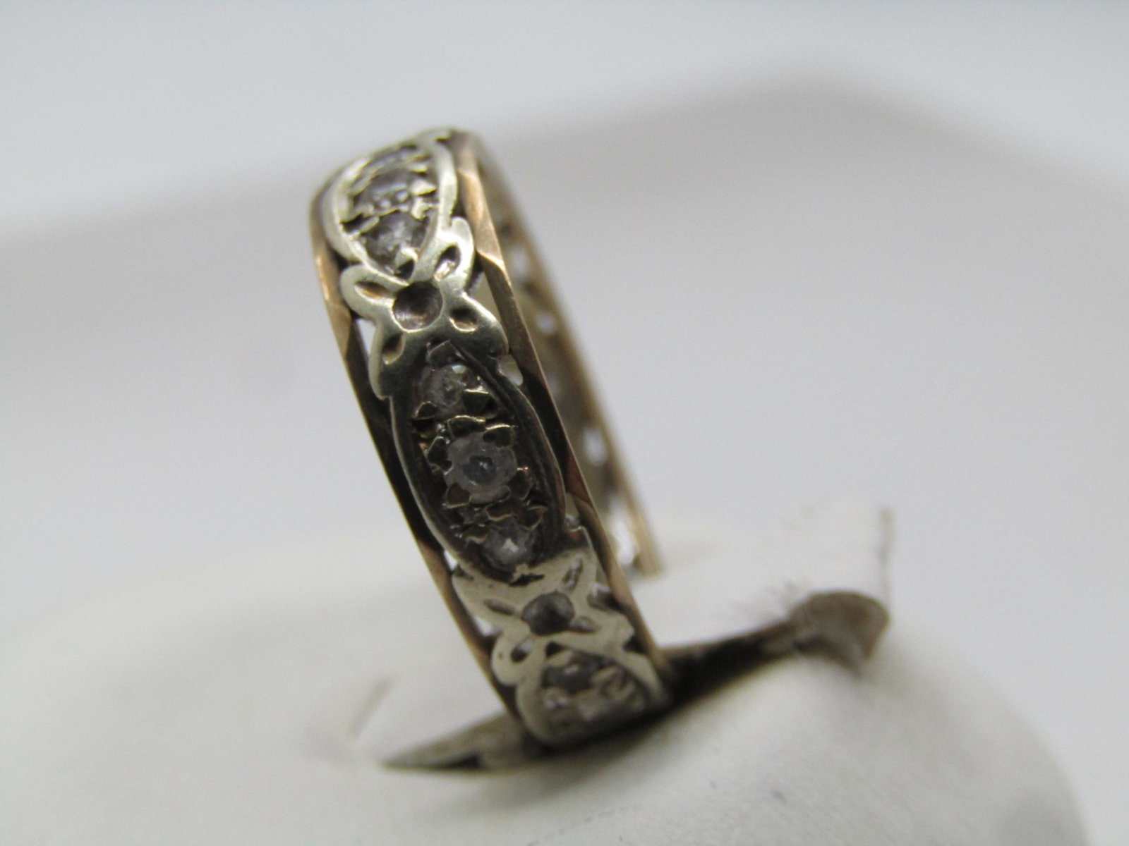 Antique 9kt Wedding Band, Two-Tone, White Topaz, Sz. 6, Signed. 1800's-1915 - 2