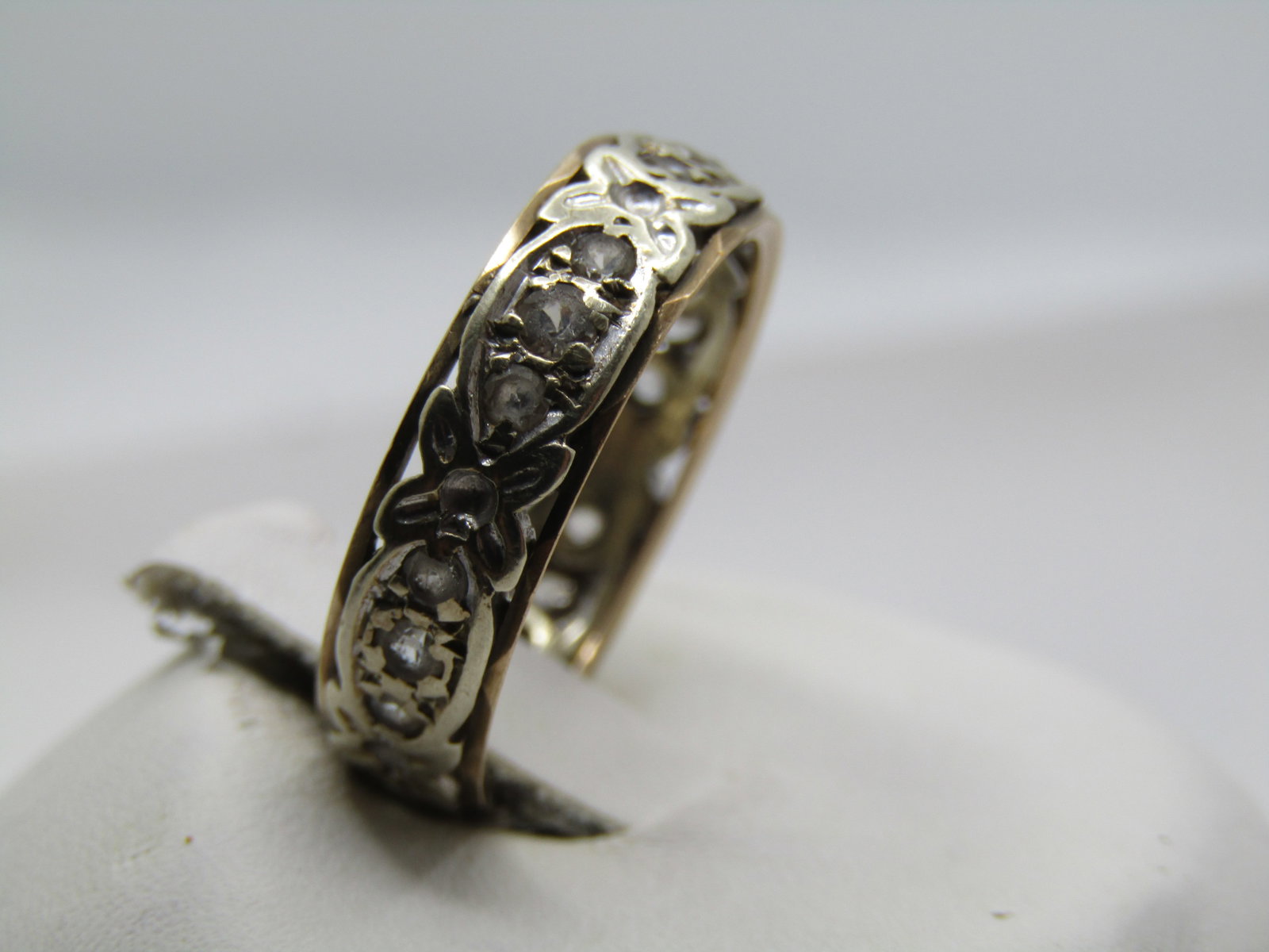 Antique 9kt Wedding Band, Two-Tone, White Topaz, Sz. 6, Signed. 1800's-1915 - 3