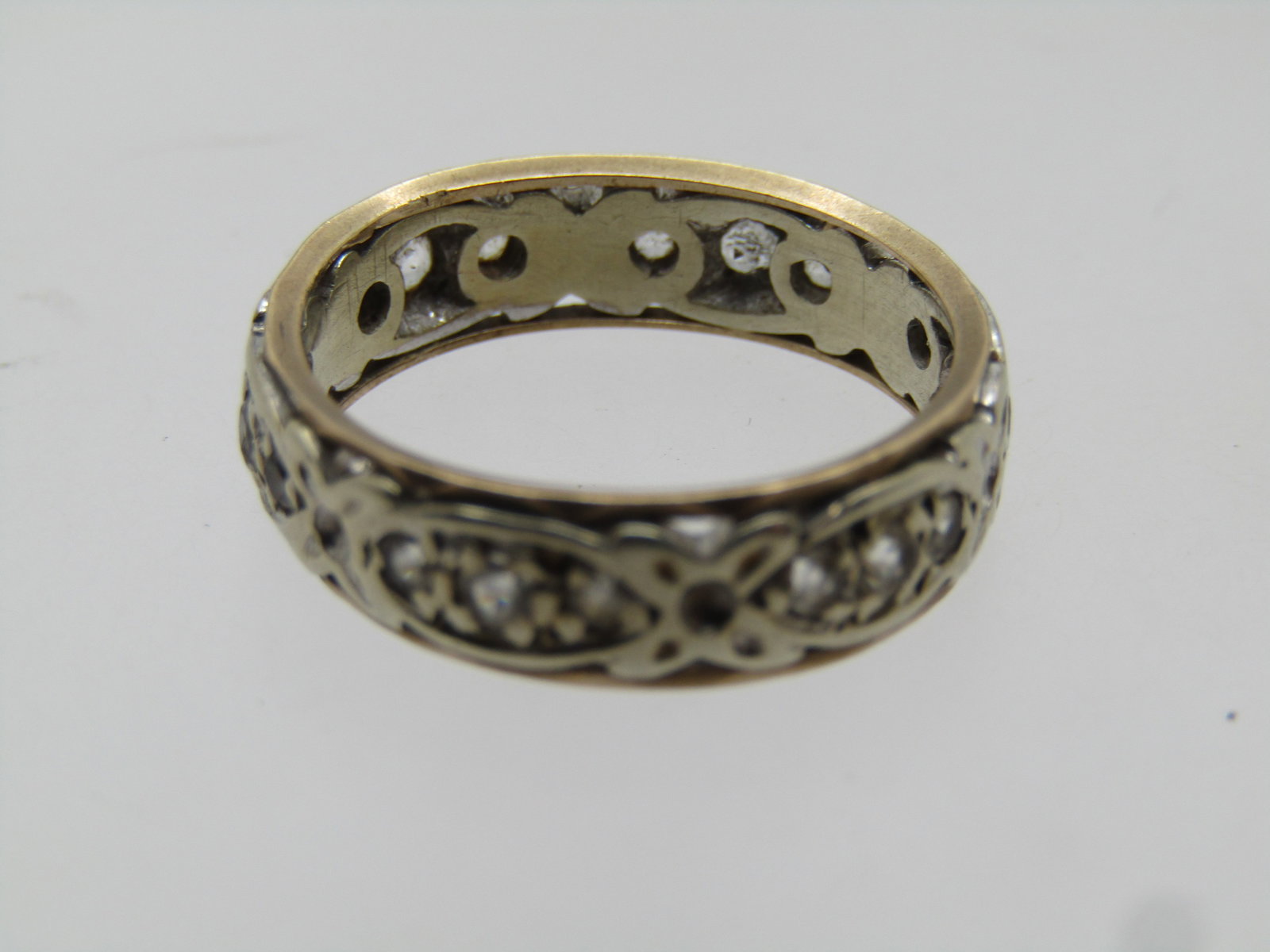 Antique 9kt Wedding Band, Two-Tone, White Topaz, Sz. 6, Signed. 1800's-1915 - 4