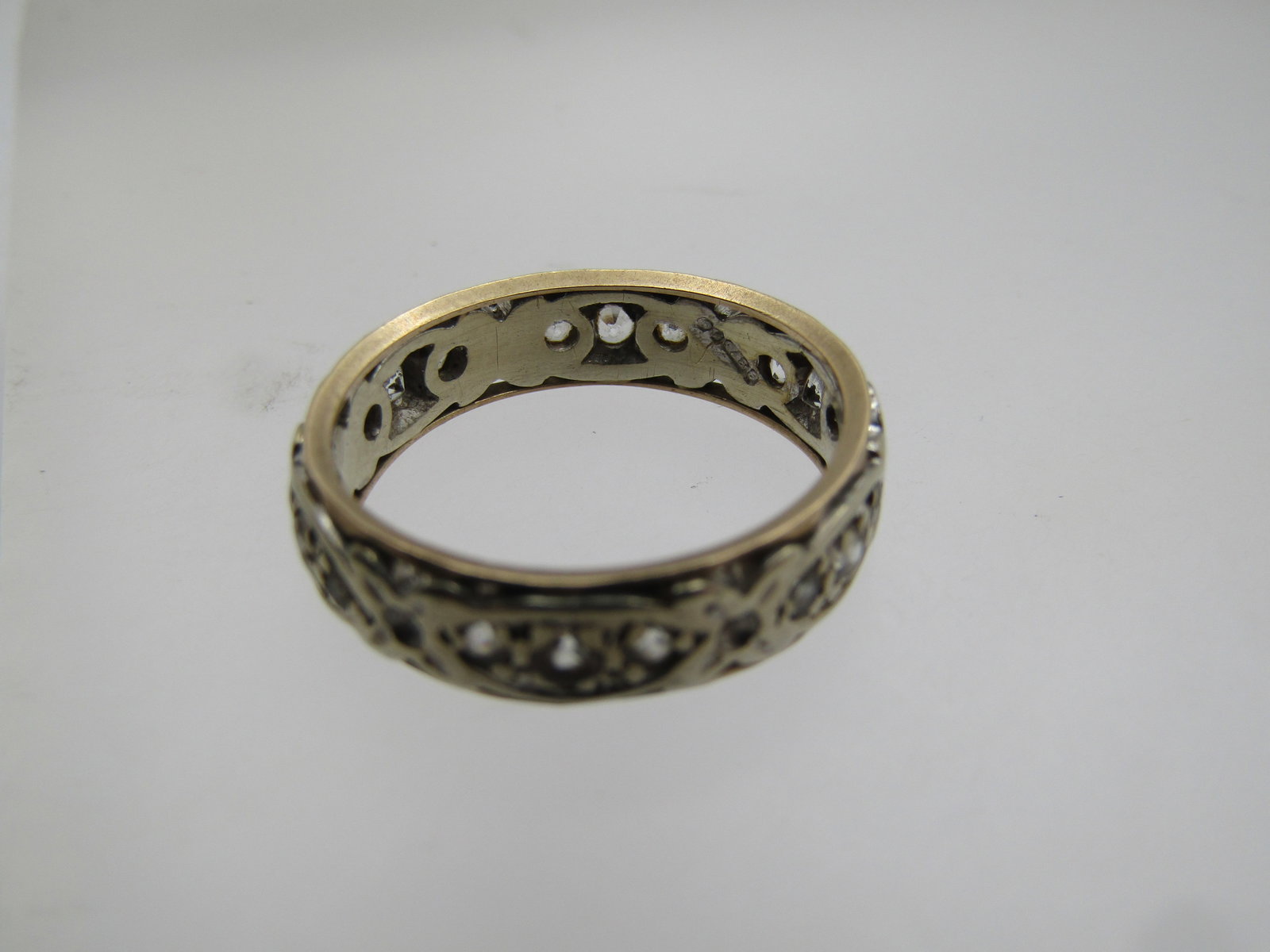 Antique 9kt Wedding Band, Two-Tone, White Topaz, Sz. 6, Signed. 1800's-1915 - 5