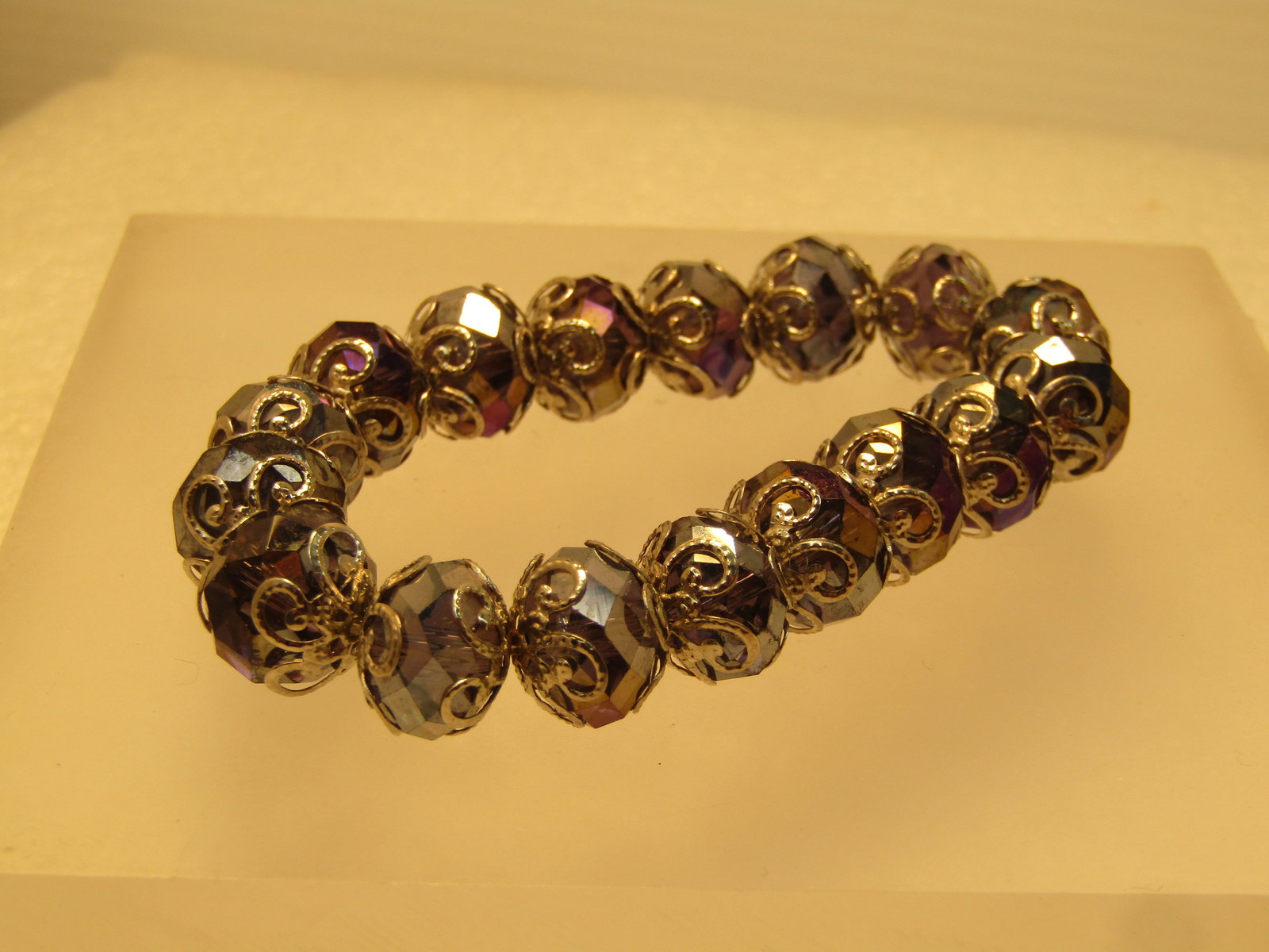 Vintage Purple AB Crystal Beaded Bracelet, Filigree Accents, Stretch, 1980's-1990's - 2