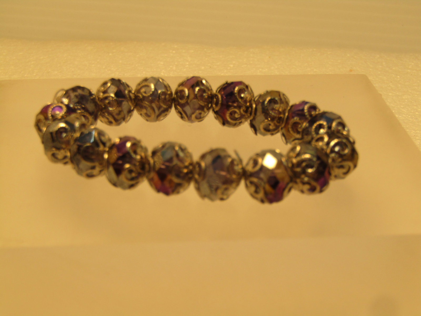 Vintage Purple AB Crystal Beaded Bracelet, Filigree Accents, Stretch, 1980's-1990's - 3