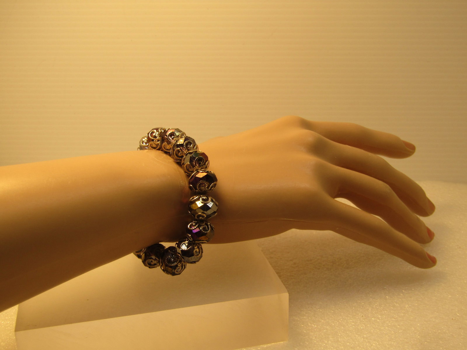 Vintage Purple AB Crystal Beaded Bracelet, Filigree Accents, Stretch, 1980's-1990's - 4