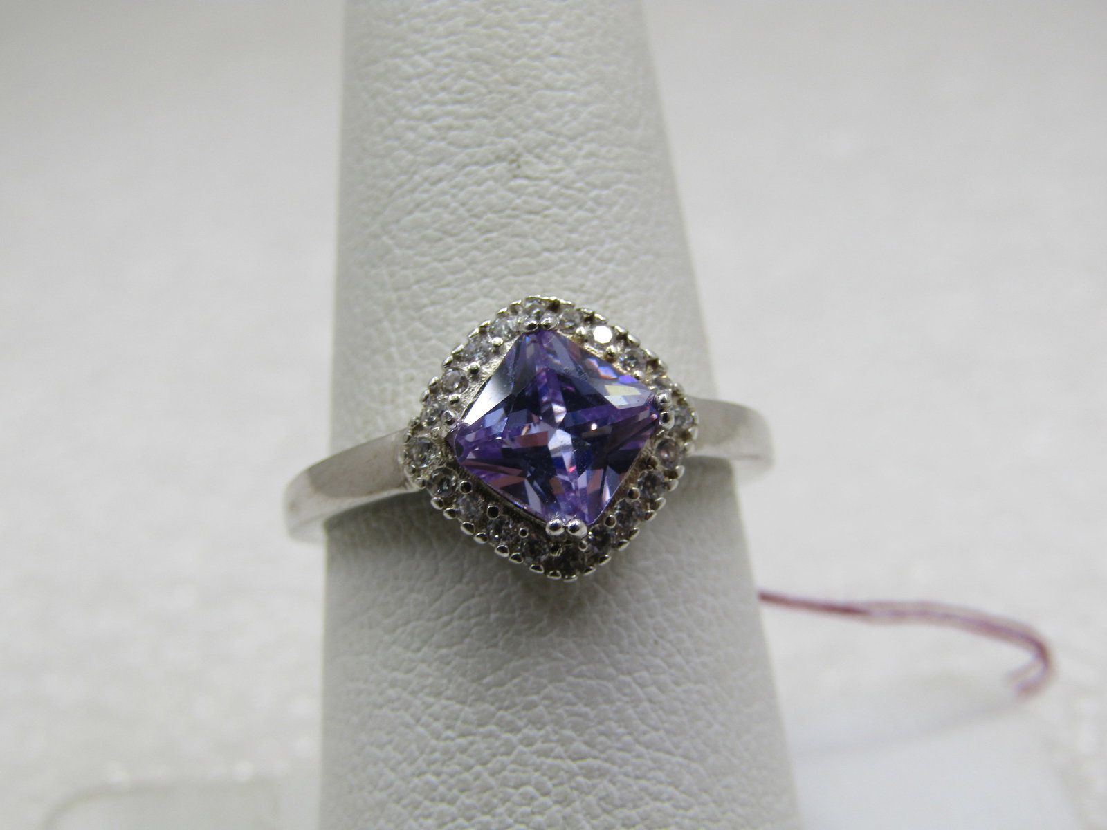 Sterling Amethyst CZ Halo Ring, Sz. 7.75: Sterling Amethyst CZ Halo Ring, Sz. 7.75. 6mm square amethyst cz with a halo fo clear stones. Marked .925, tested, weight is papx. 2.80 gr. Very good condition. Not signed by maker. (INVW11621.1X6