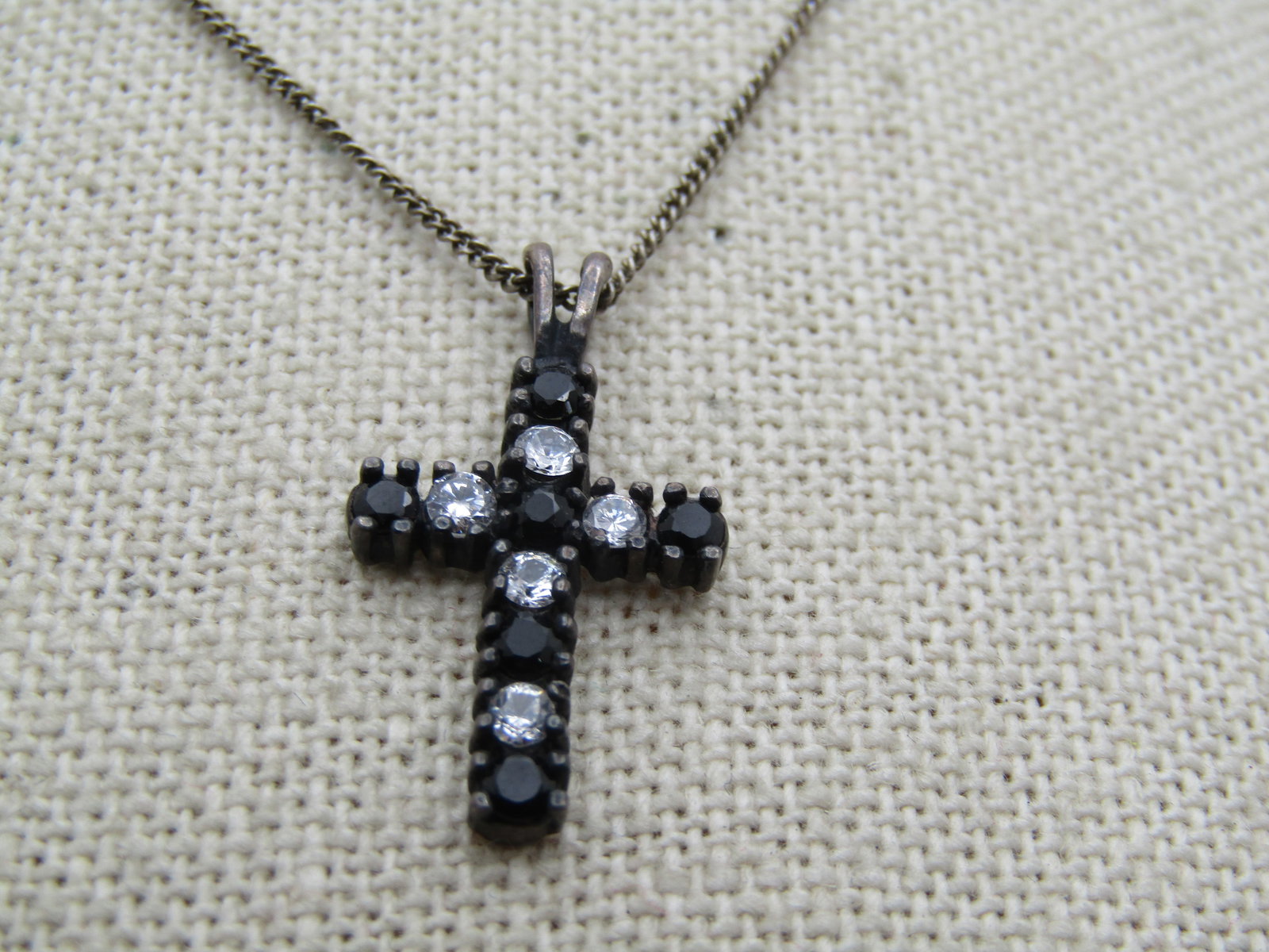 Vintage Sterling Black & Clear Rhinestone Cross, 19", Avon , 1980's - 2