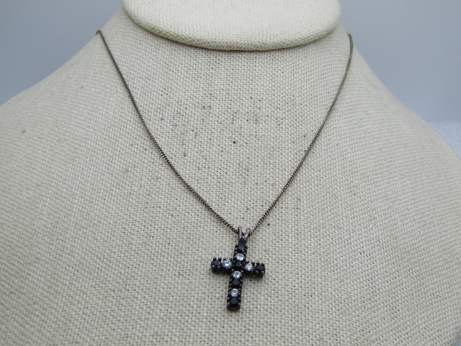 Vintage Sterling Black & Clear Rhinestone Cross, 19", Avon , 1980's - 3