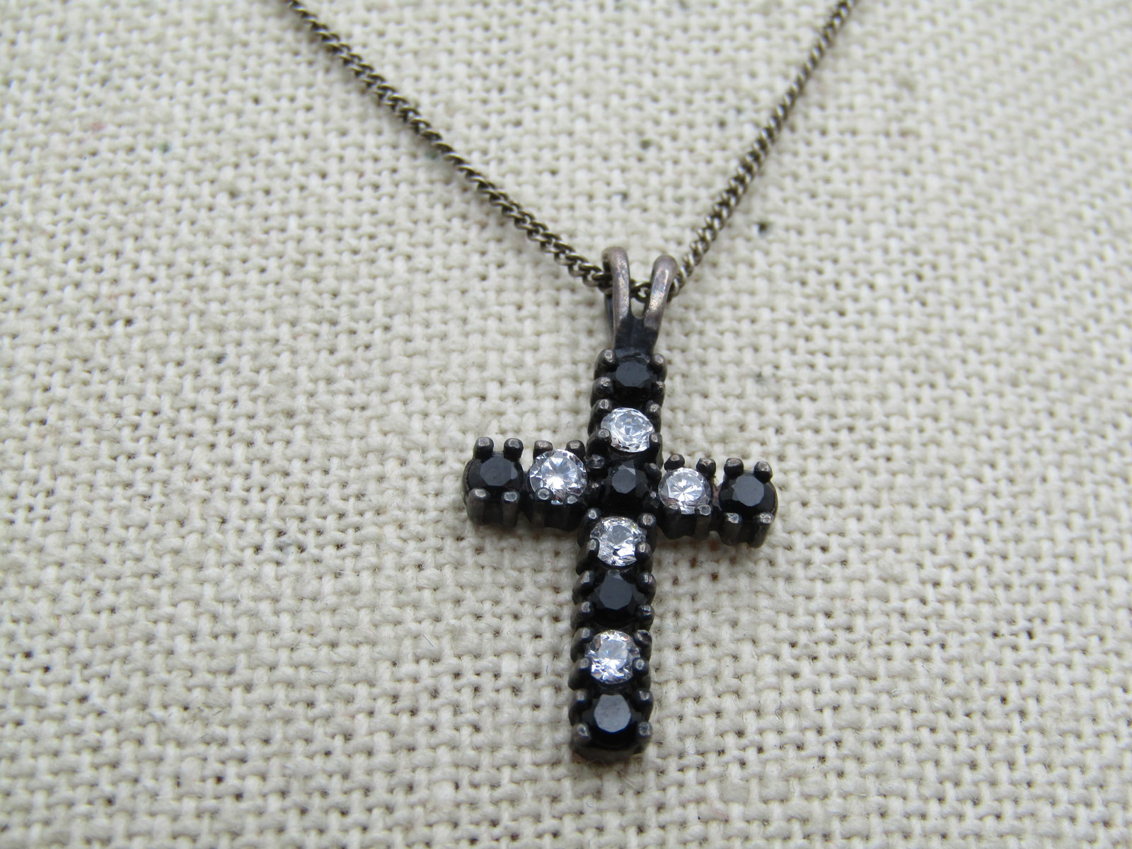 Vintage Sterling Black & Clear Rhinestone Cross, 19", Avon , 1980's - 5