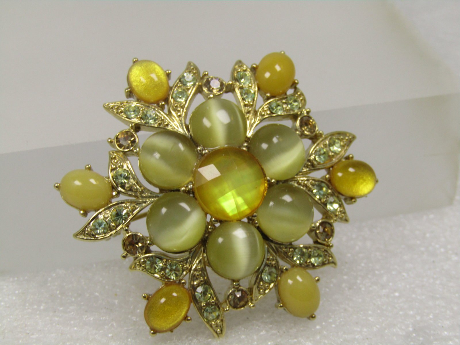 Vintage Yellow Rhinestone & Cateye Brooch, 1970's-1980's - 2