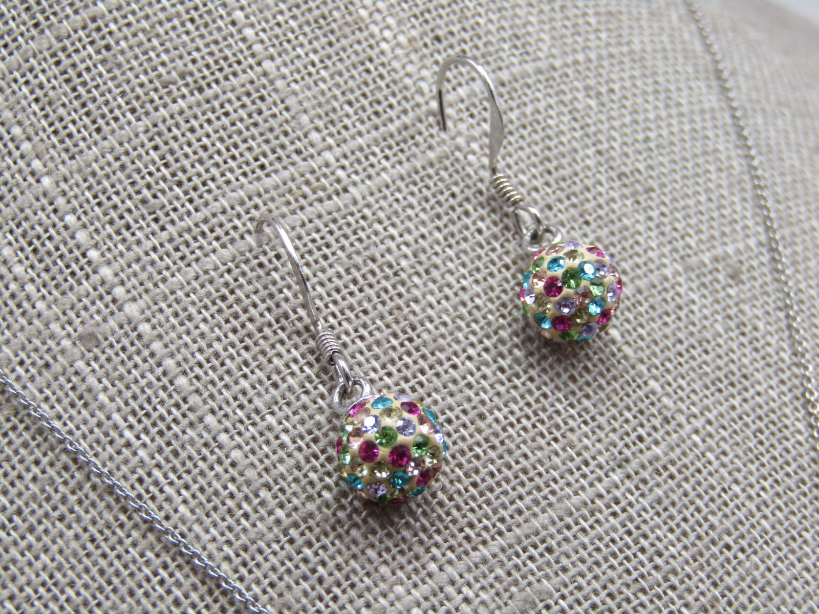 Sterling Pave Pastel Rhinestone Ball Necklace Earrings Set, 18" - 3