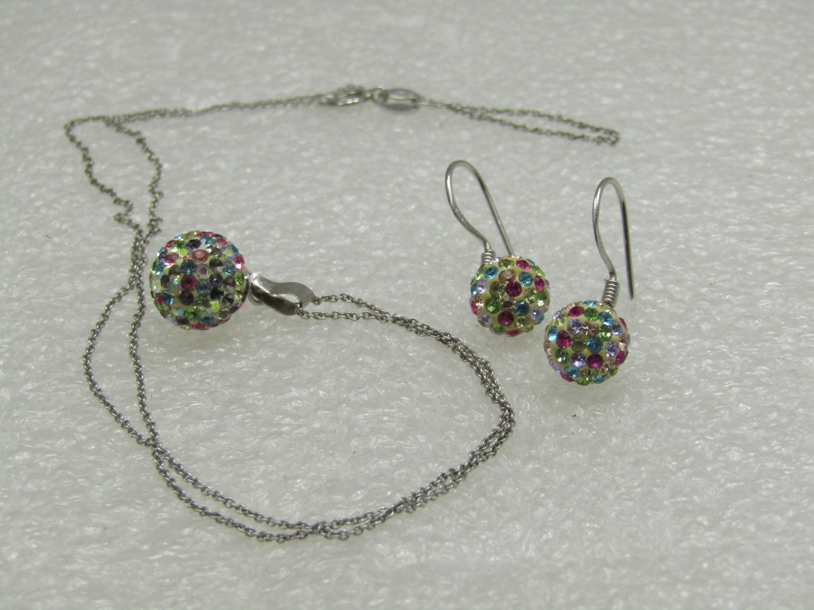 Sterling Pave Pastel Rhinestone Ball Necklace Earrings Set, 18" - 4