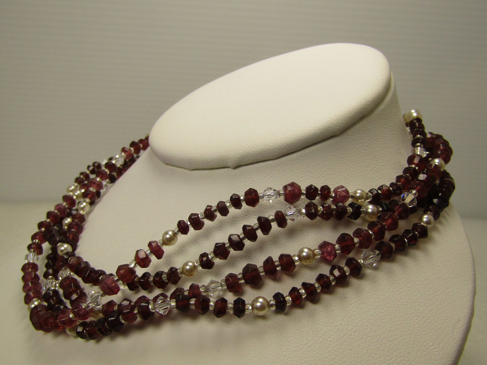 Costume Garnet & Clear Crystal Necklace, Double Strand, 29", Faux Pearls, 1990's - 2