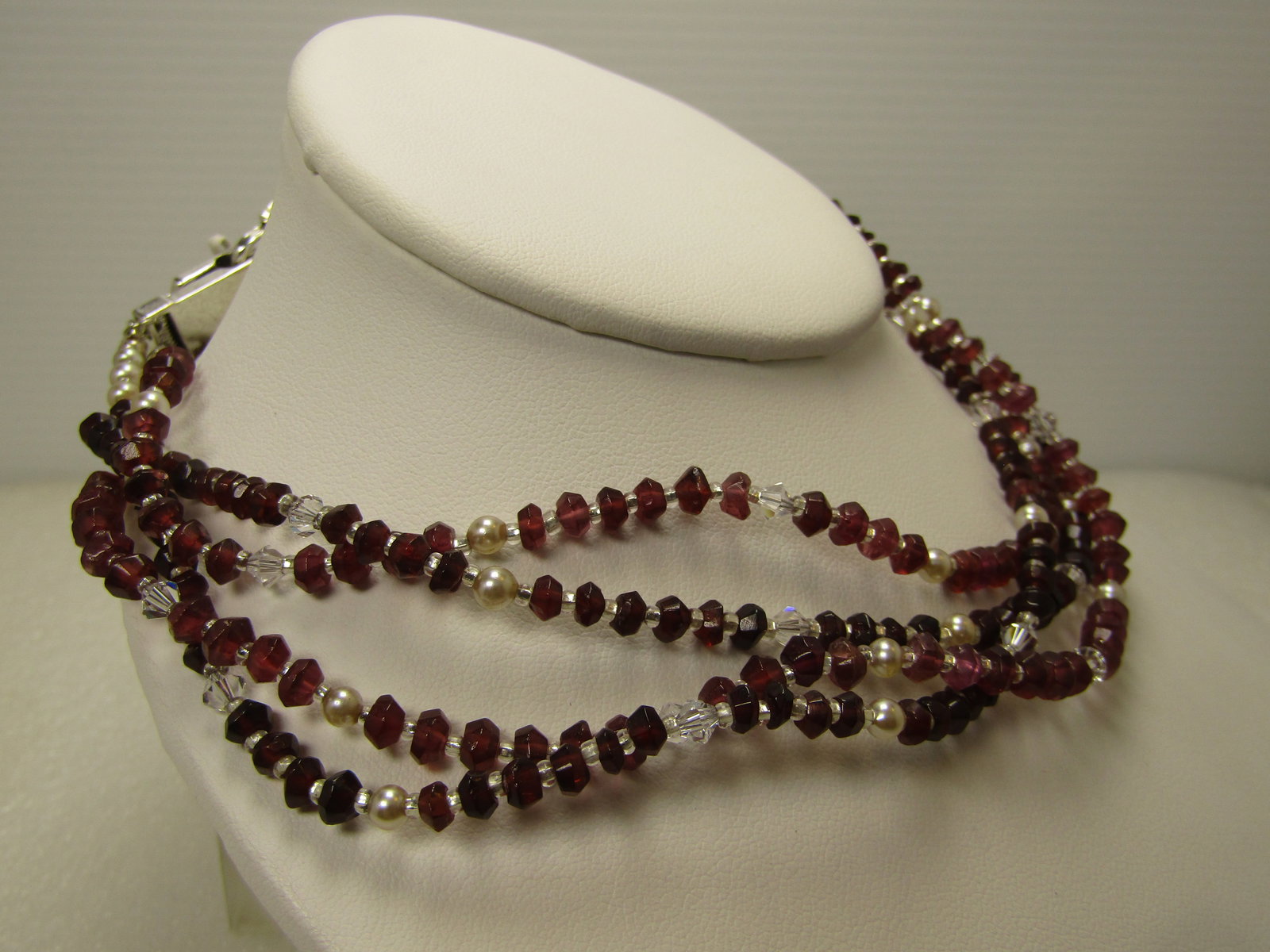 Costume Garnet & Clear Crystal Necklace, Double Strand, 29", Faux Pearls, 1990's - 3