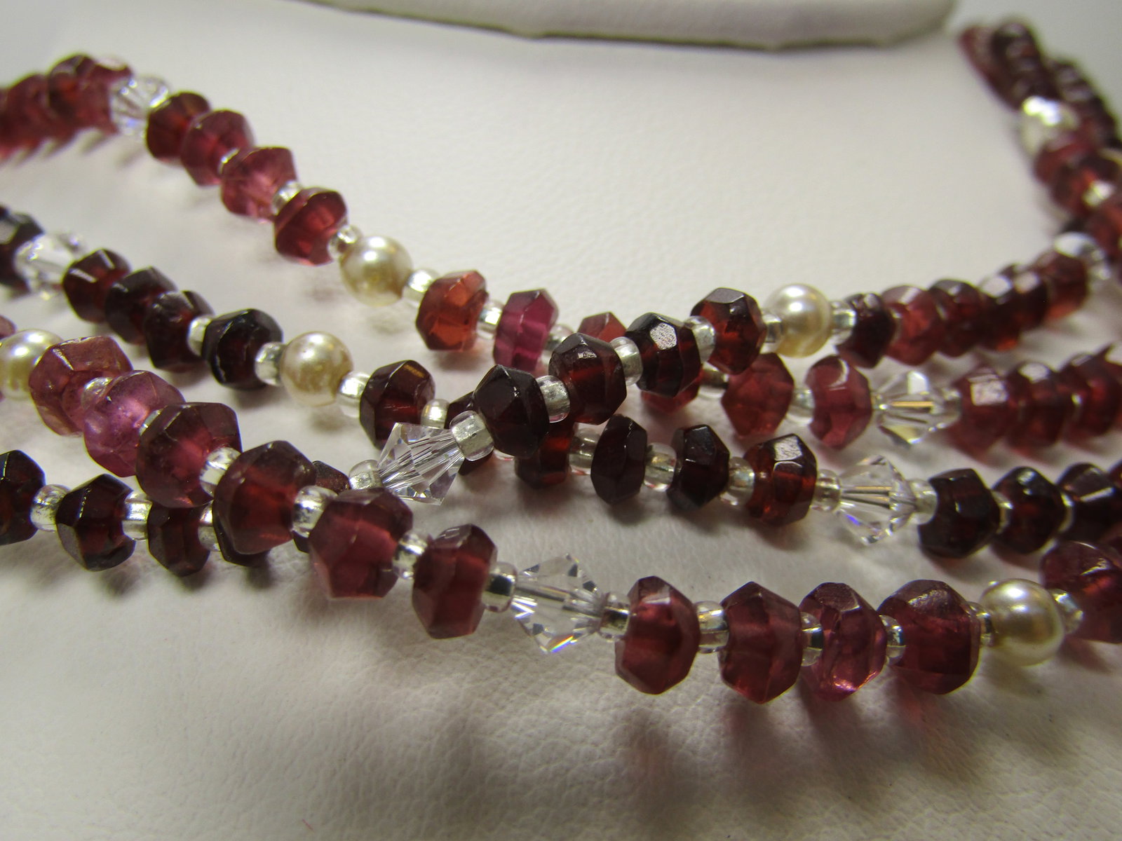 Costume Garnet & Clear Crystal Necklace, Double Strand, 29", Faux Pearls, 1990's - 4