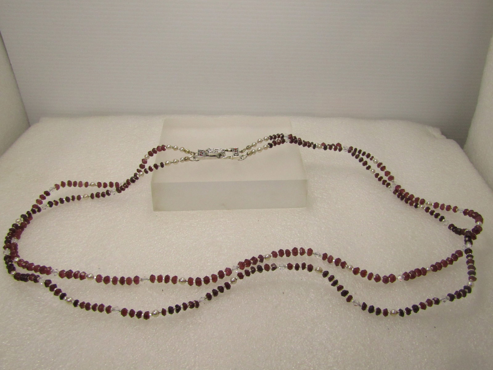 Costume Garnet & Clear Crystal Necklace, Double Strand, 29", Faux Pearls, 1990's - 5