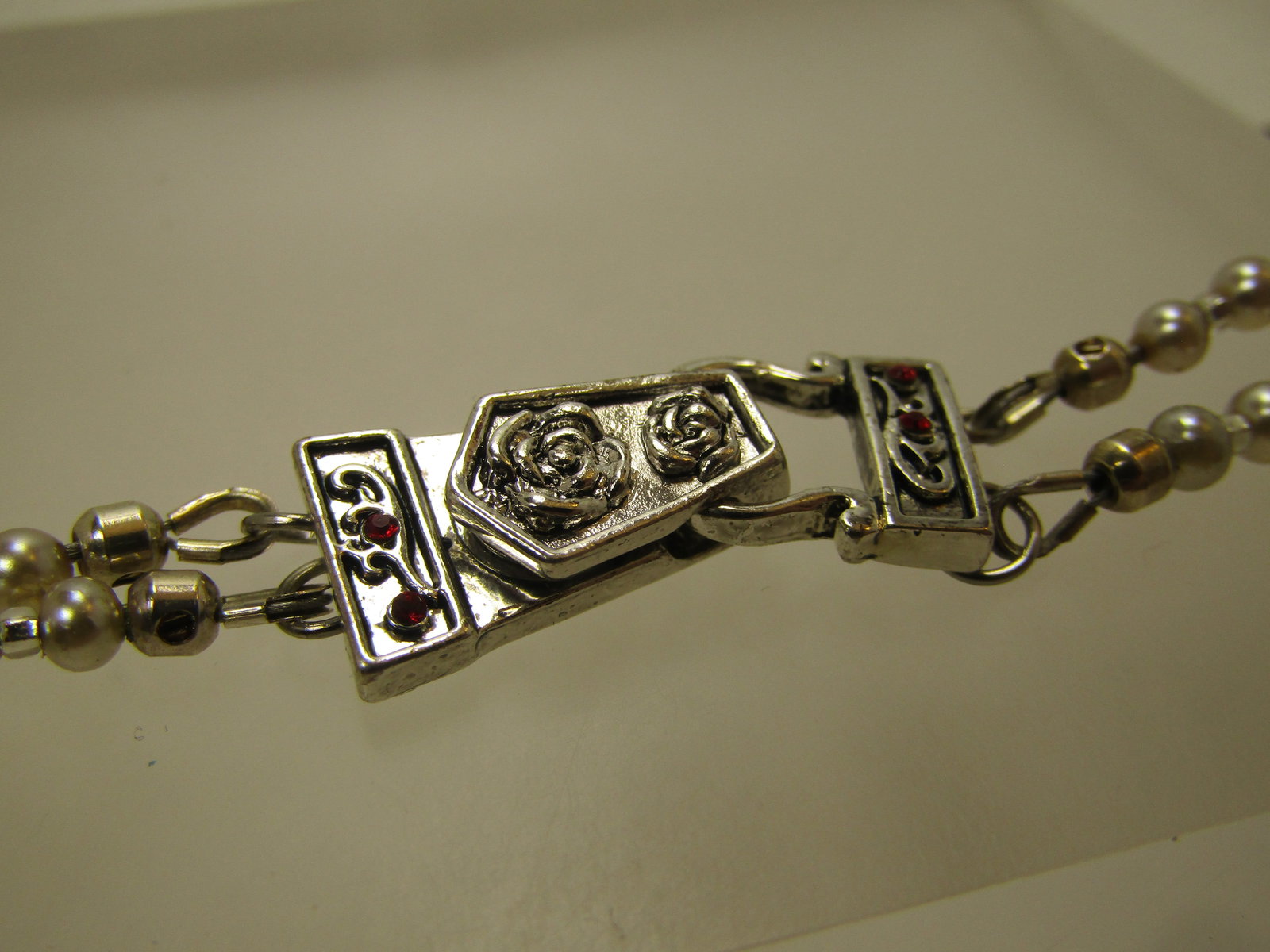 Costume Garnet & Clear Crystal Necklace, Double Strand, 29", Faux Pearls, 1990's - 6