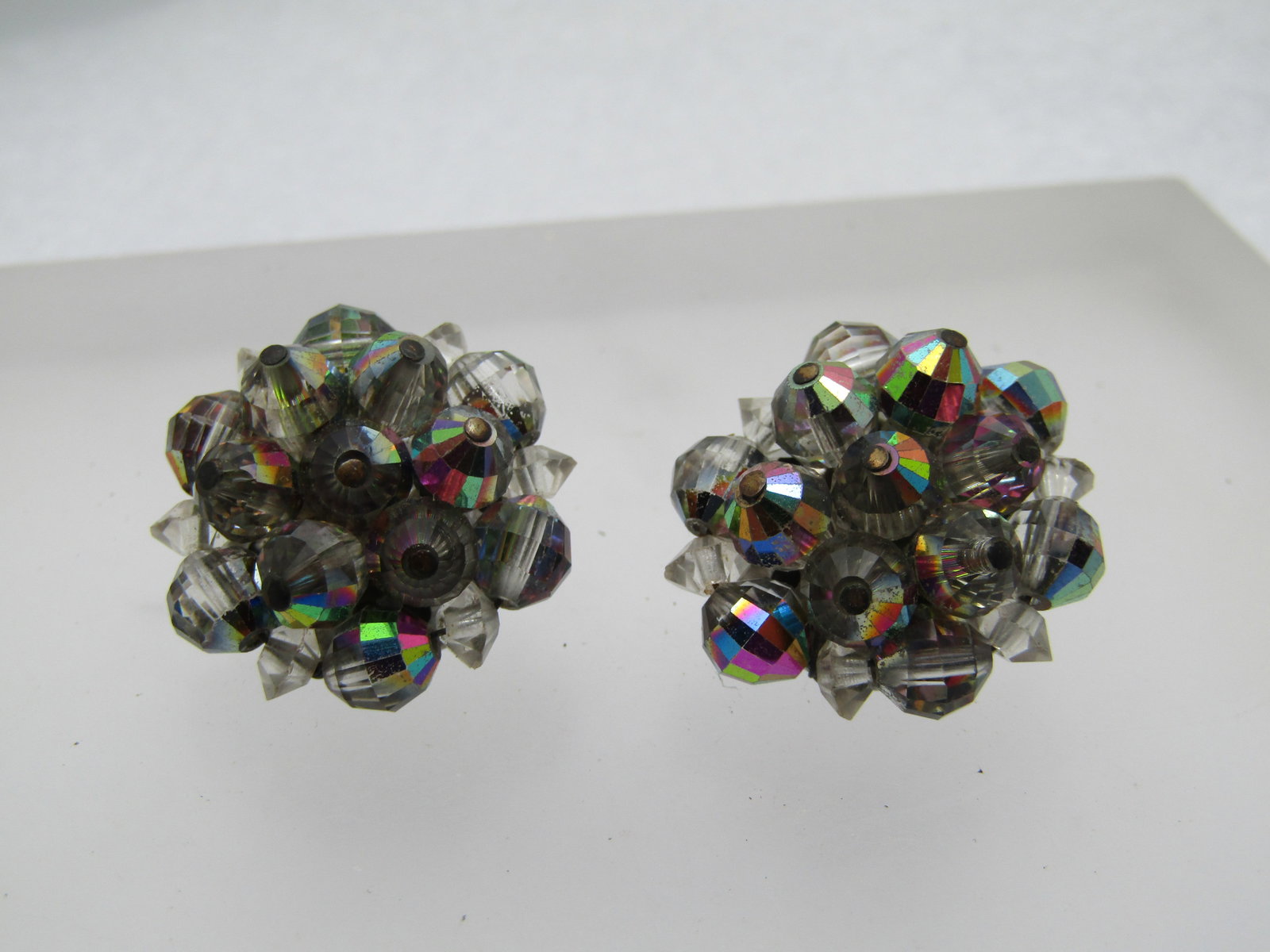 Vintage Aurora Borealis Crystal Cluster Earings, Clip, Signed Laguna, 1960's (1 of 5)