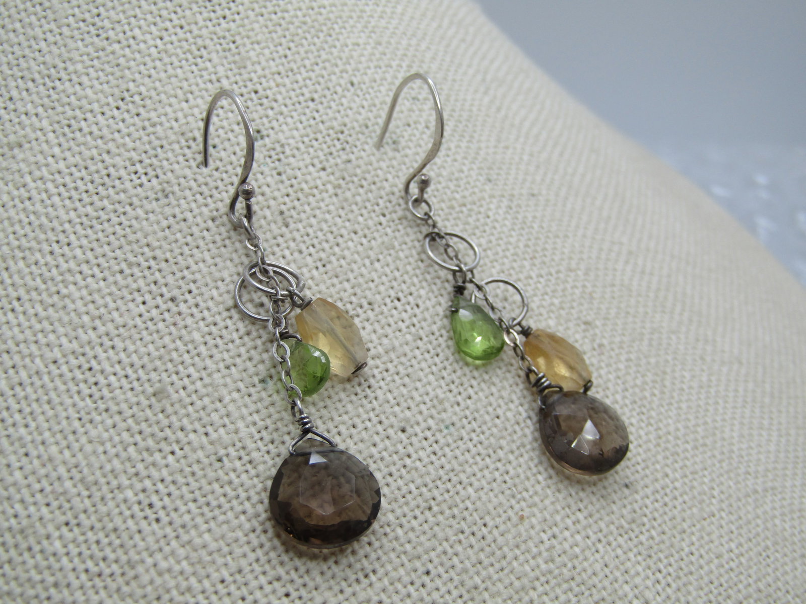 Vintage Sterling Topaz, Citrine, Peridot Earrings, Pierced/Drop, 1980's-1990's - 2