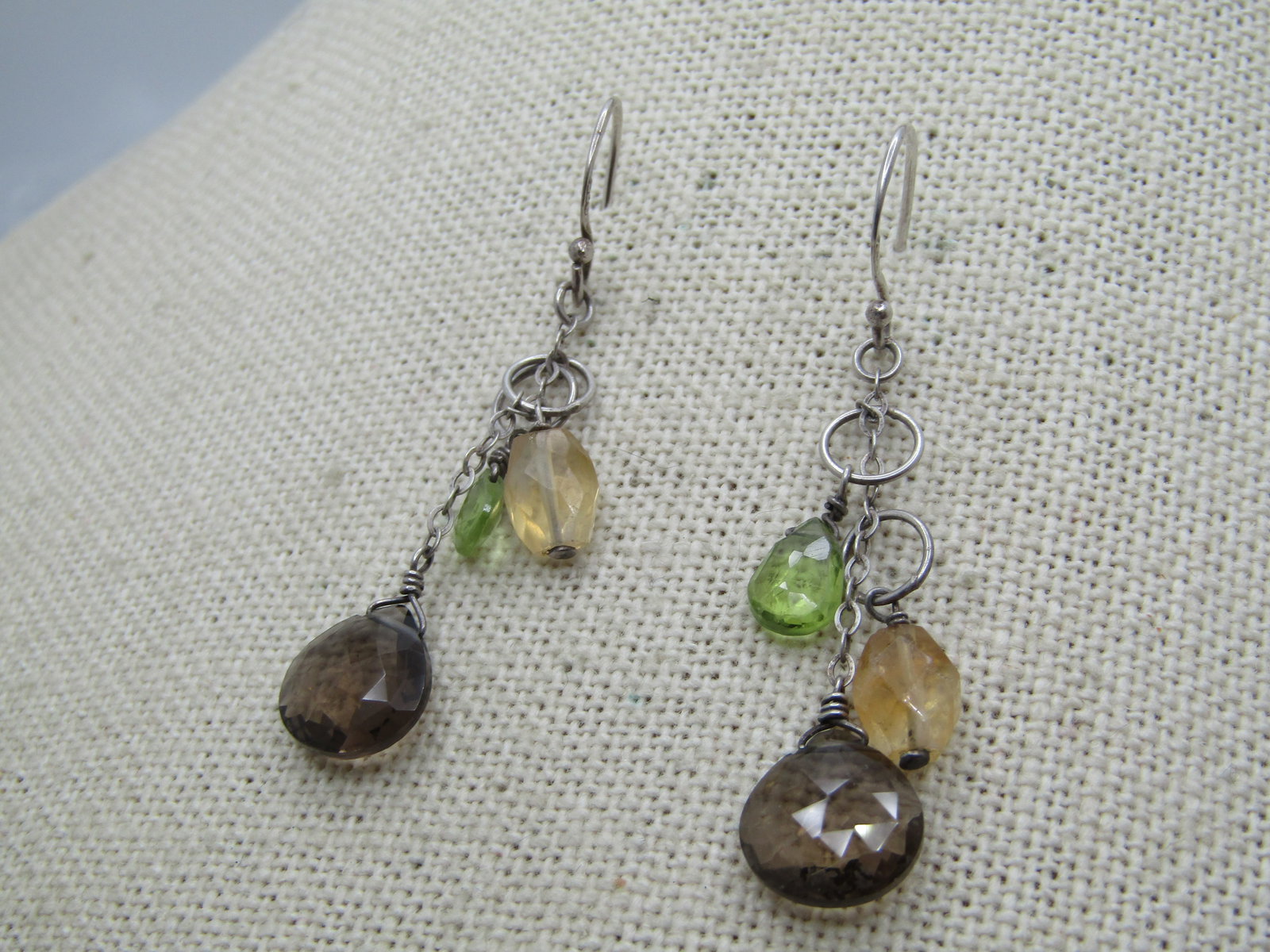 Vintage Sterling Topaz, Citrine, Peridot Earrings, Pierced/Drop, 1980's-1990's - 3