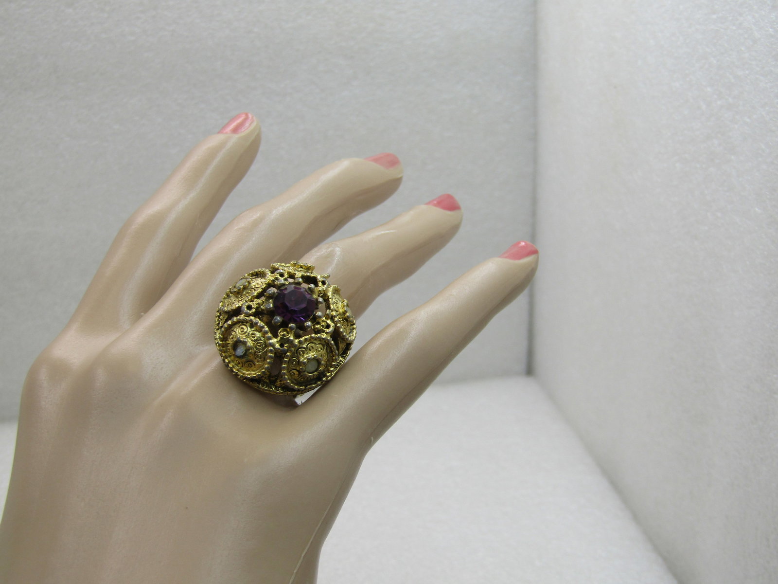 Vintage Victorian Themed Ring, Rhinestone Accents, Adjustable Sz. 7 to 10 - 6