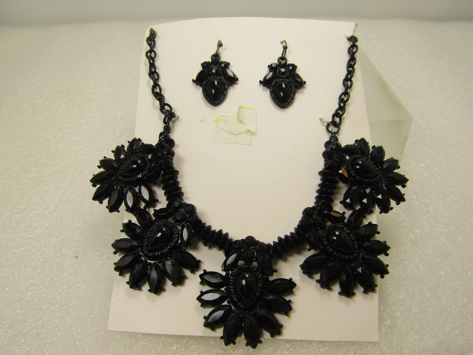 All Black Rhinestone Necklace and Earrings Set, 18"-21", 1980's-1990's: All Black Rhinestone Necklace and Earrings Set, 18"-21", 1980's-1990's. this is a black rhinestone drop necklace with matching earrings. Black metal chain. This has five drops with marquise and round