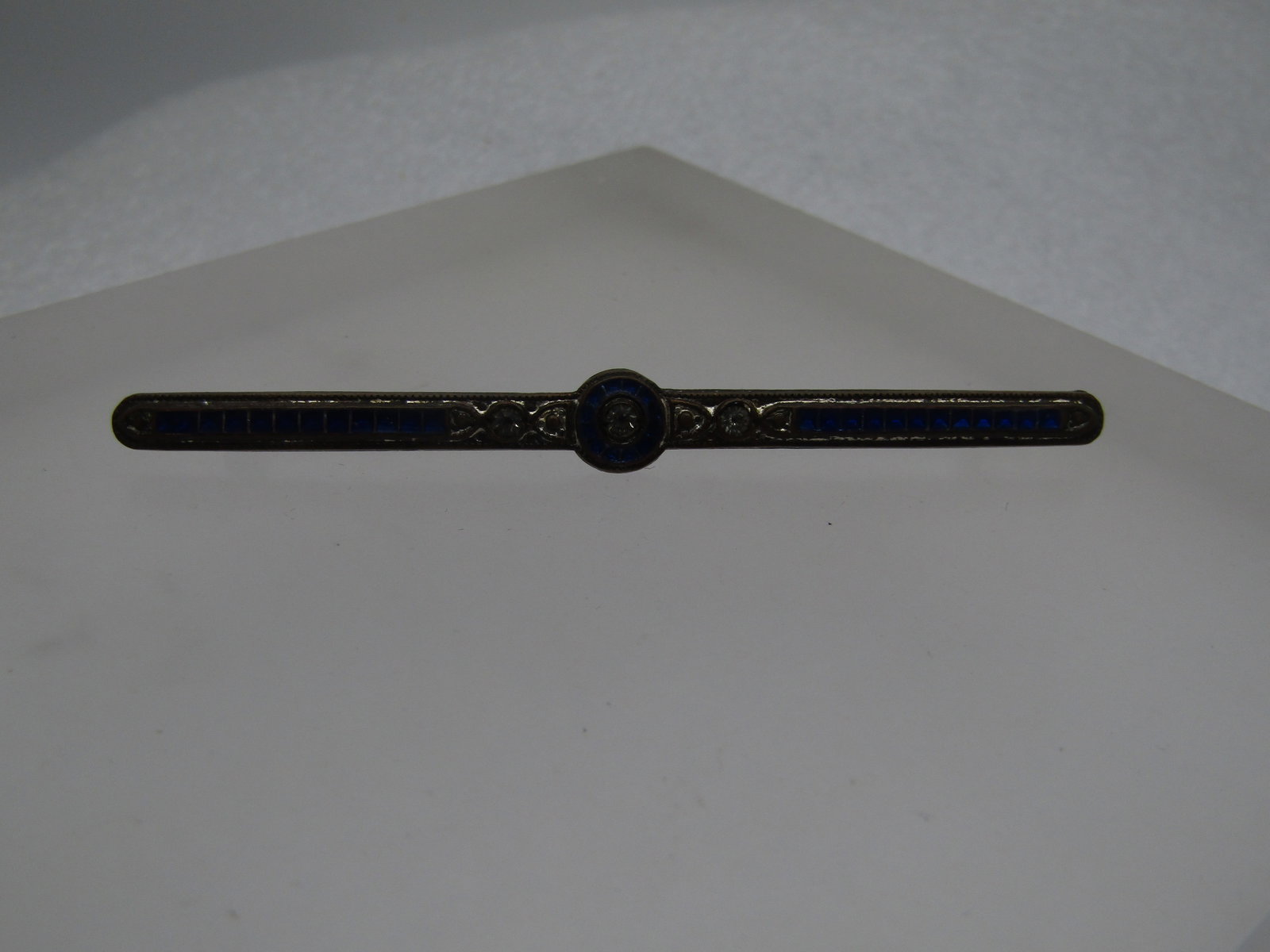 Antique Enameled Bar Pin, Old Cut Rhinestones, 1910's-1930's: Antique Enameled Bar Pin, Old Cut Rhinestones, 1910's-1930's. Silver plated with wear on the plating and blue enameling which that is in good condition and three old mine cut clear rhinestones. The