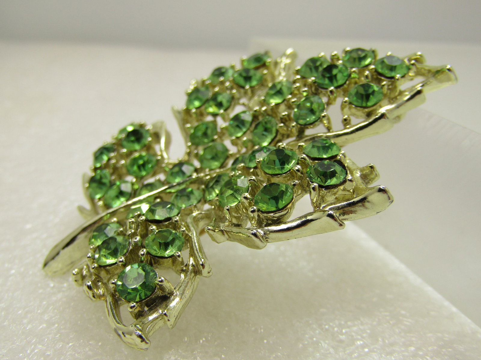 Vintage Green Rhinestone Leaf Brooch, 1960's - 2