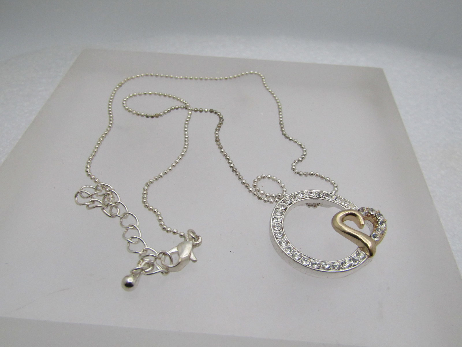 Vintage Silver Tone Rhinestone Heart Necklace 16"-18" - 6