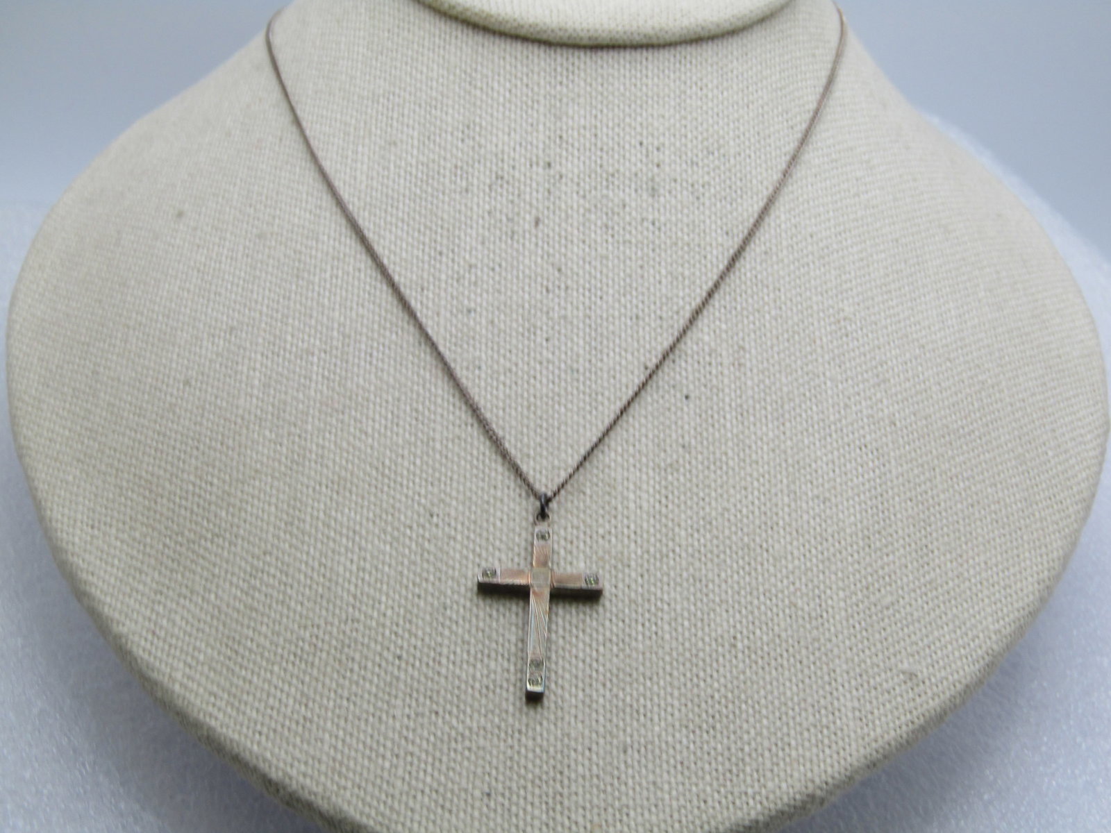 Vintage Sterling Engraved Cross Necklace with Rhinestones, 18", 1940's-1950's - 2