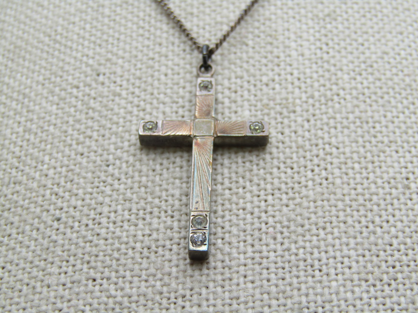 Vintage Sterling Engraved Cross Necklace with Rhinestones, 18", 1940's-1950's - 3