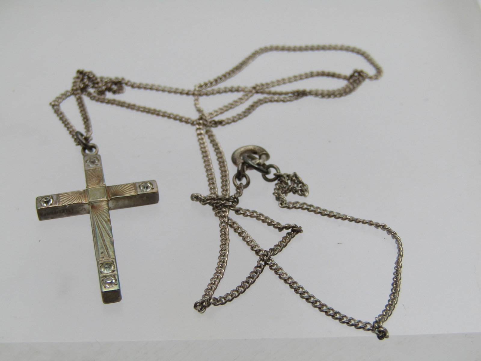 Vintage Sterling Engraved Cross Necklace with Rhinestones, 18", 1940's-1950's - 5